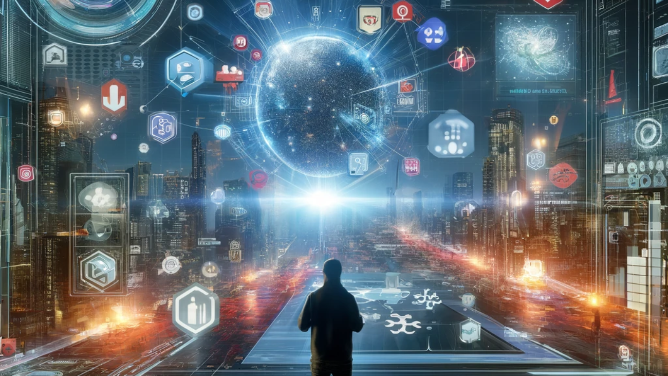 Person standing in a futuristic city, looking at a large holographic interface displaying a globe surrounded by various digital icons.