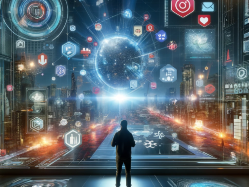 Person standing in a futuristic city, looking at a large holographic interface displaying a globe surrounded by various digital icons.