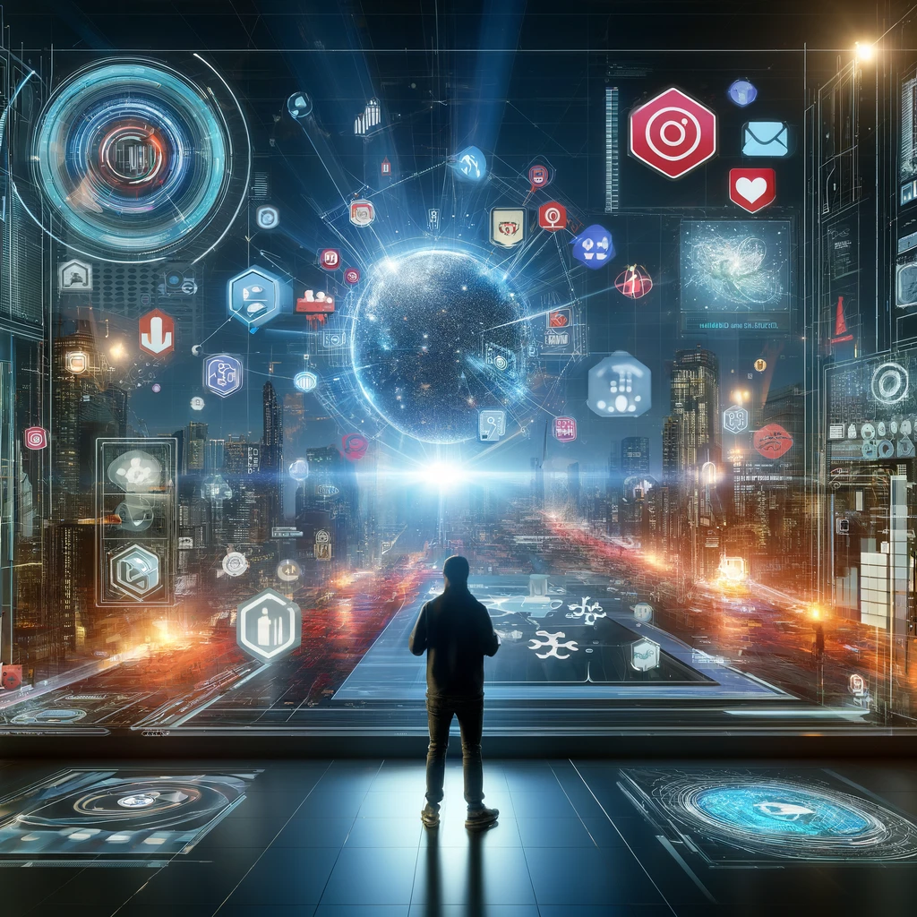 Person standing in a futuristic city, looking at a large holographic interface displaying a globe surrounded by various digital icons.