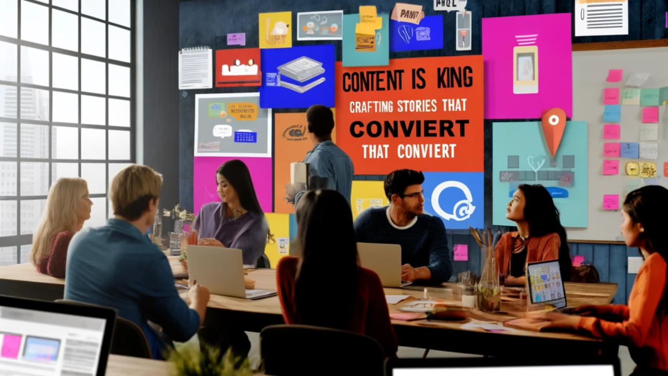 Team brainstorming in a modern office with a wall displaying 'Content is King' and various creative notes.