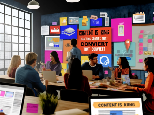 Team brainstorming in a modern office with a wall displaying 'Content is King' and various creative notes.