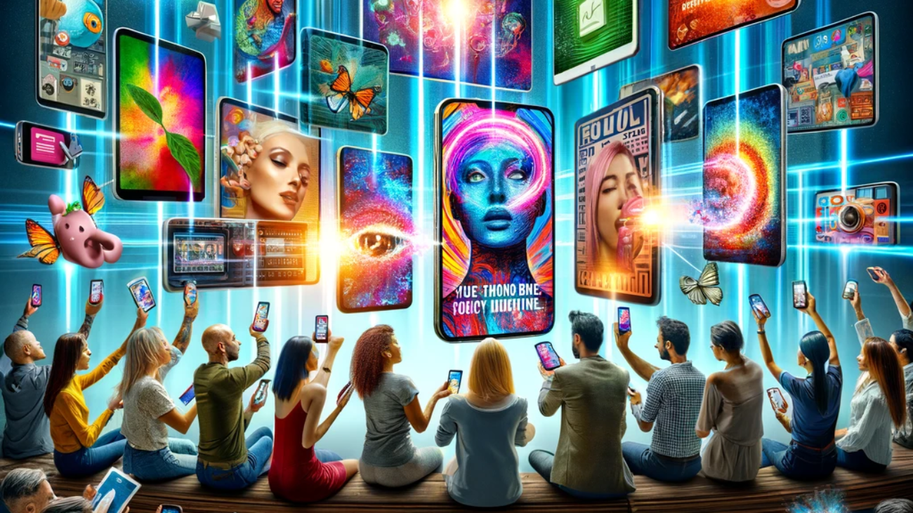 A diverse group of people holding smartphones, surrounded by vibrant holographic displays of digital content, including colorful images, app icons, and social media elements.