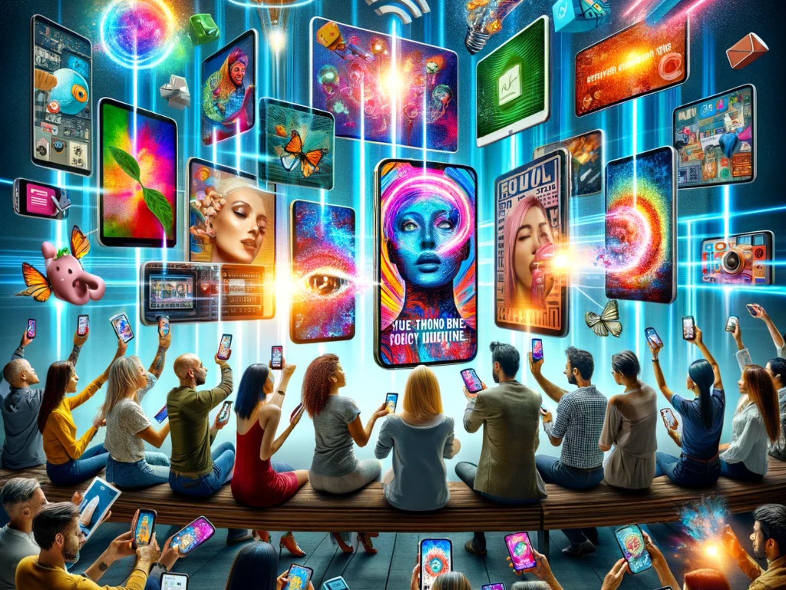 A diverse group of people holding smartphones, surrounded by vibrant holographic displays of digital content, including colorful images, app icons, and social media elements.