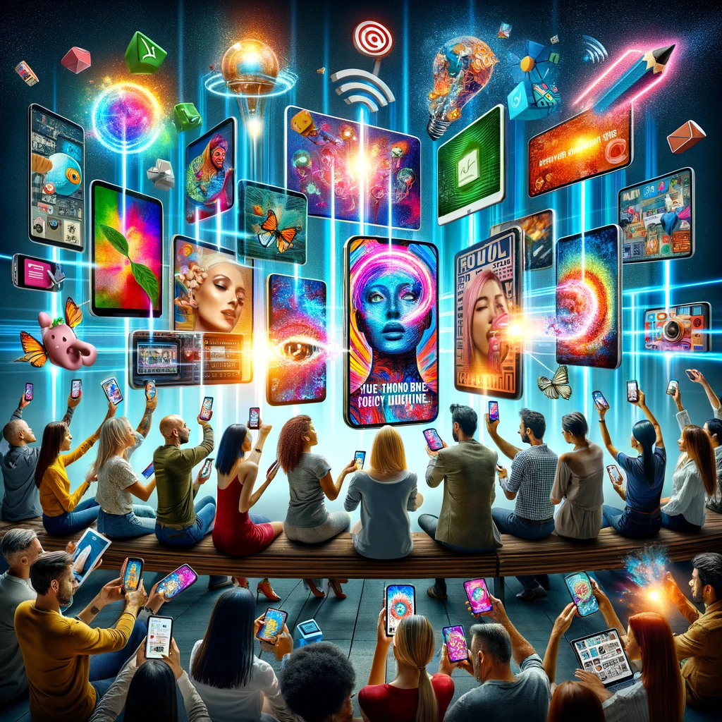 A diverse group of people holding smartphones, surrounded by vibrant holographic displays of digital content, including colorful images, app icons, and social media elements.