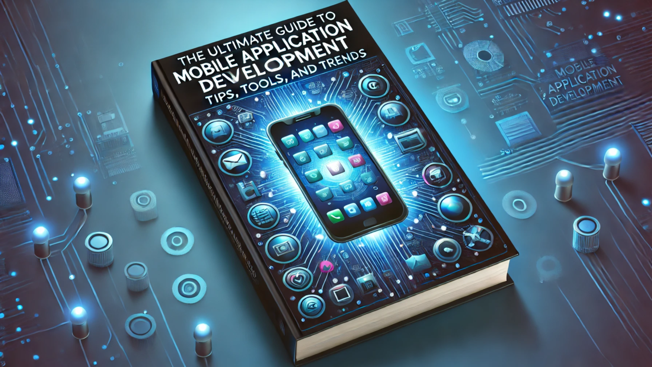 DALL·E 2024-06-27 20.44.37 - A modern, sleek book cover for 'The Ultimate Guide to Mobile Application Development_ Tips, Tools, and Trends.' The cover features a vibrant, tech-ins