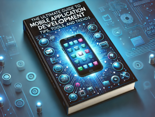 DALL·E 2024-06-27 20.44.37 - A modern, sleek book cover for 'The Ultimate Guide to Mobile Application Development_ Tips, Tools, and Trends.' The cover features a vibrant, tech-ins